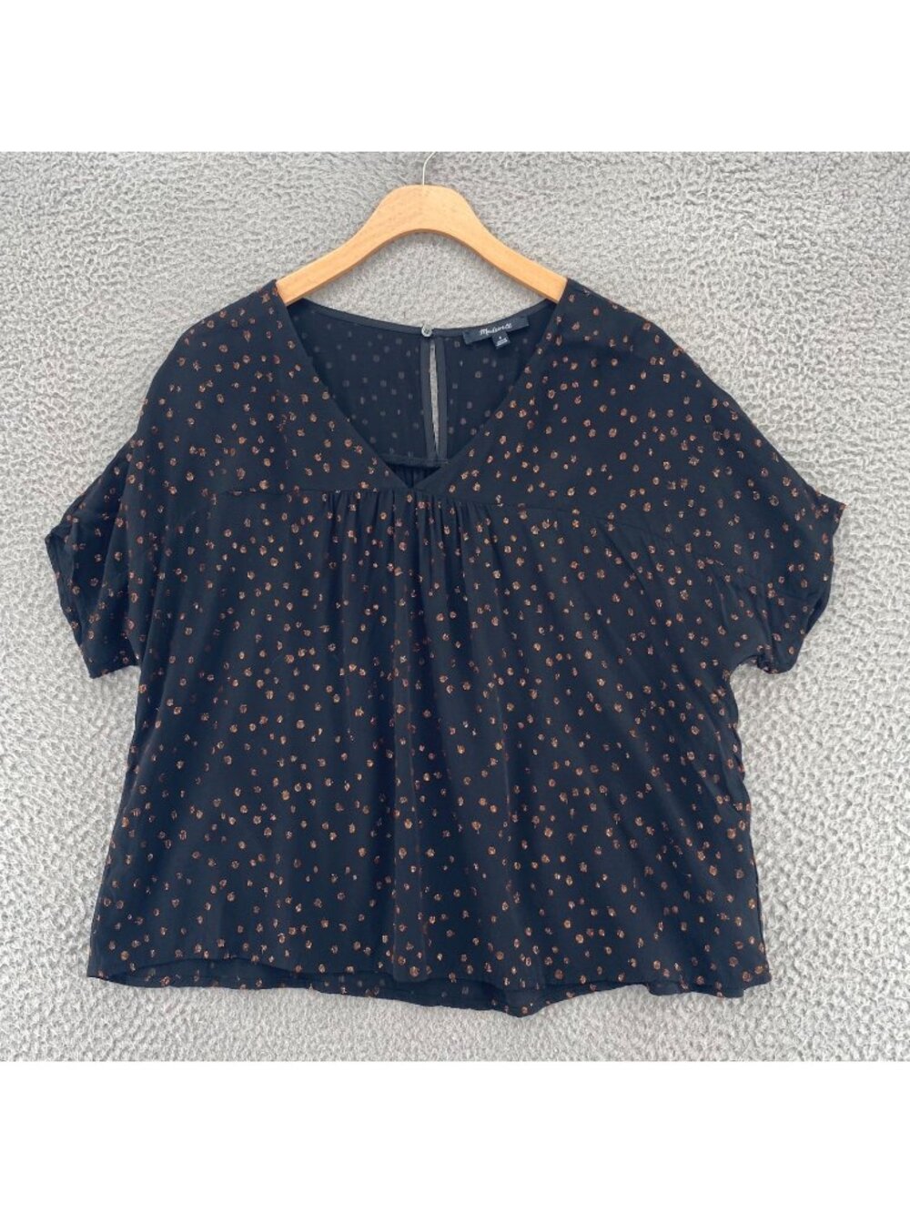 Madewell Top Women Small Black Orange Swiss Dots Embroidered Short Dolman Sleeve